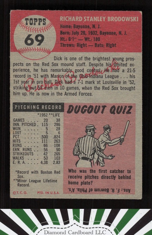 1953 Topps #69 Dick Brodowski VGEX f, back