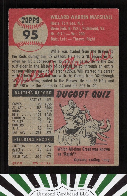 1953 Topps #95 Willard Marshall : Bio uses white text VGEX+ f, back