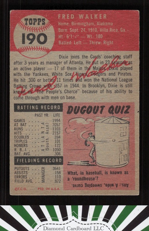 1953 Topps #190 Dixie Walker VGEX f, back
