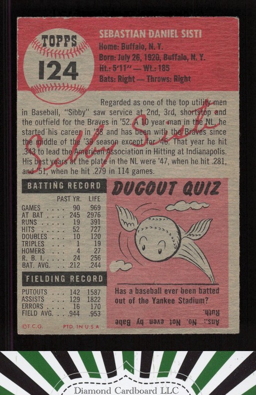 1953 Topps #124 Sibby Sisti : Bio uses black text VGEX (ST) b, back