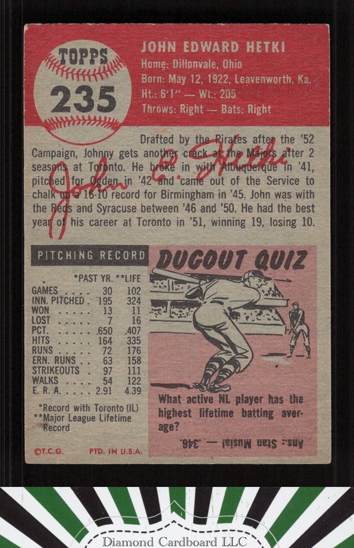 1953 Topps #235 John Hetki VG+ e, back