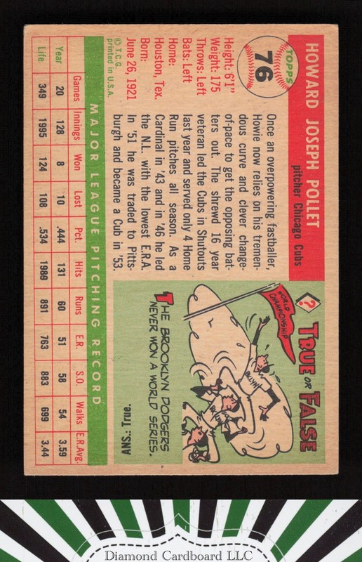 1955 Topps #76 Howie Pollet VG+ c, back