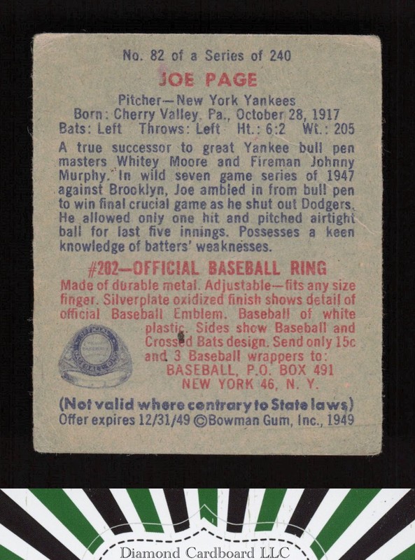 1949 Bowman #82 Joe Page GD a, back