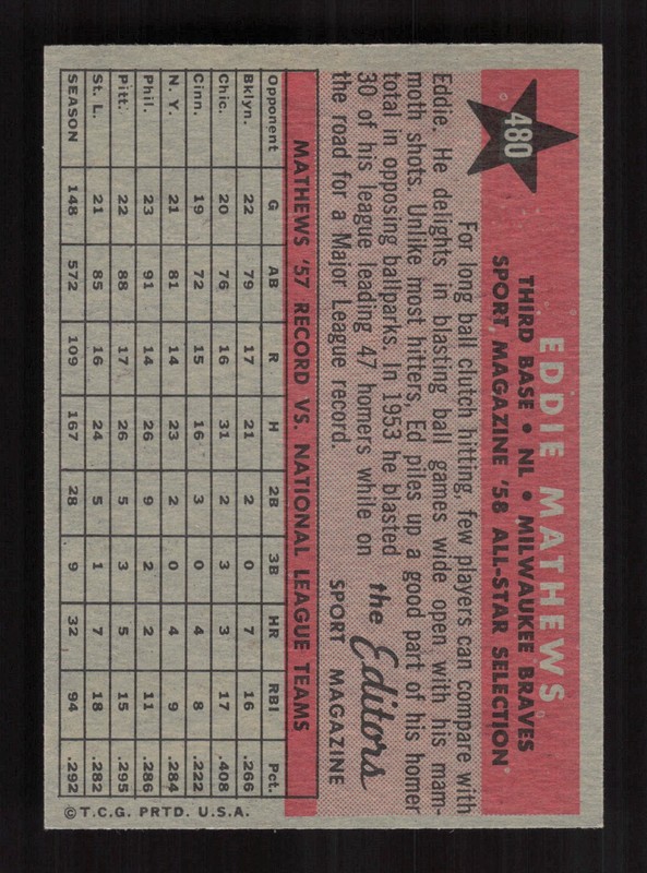 1958 Topps #480 Eddie Mathews NMMT (OC) i, back