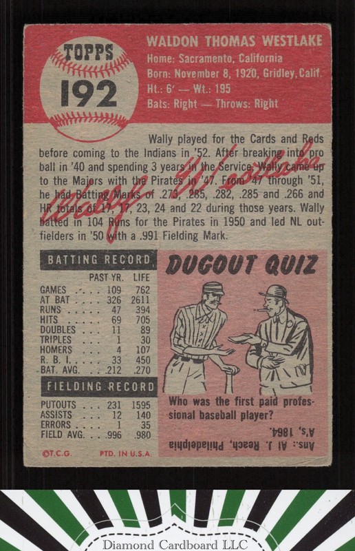 1953 Topps #192 Wally Westlake VG b, back