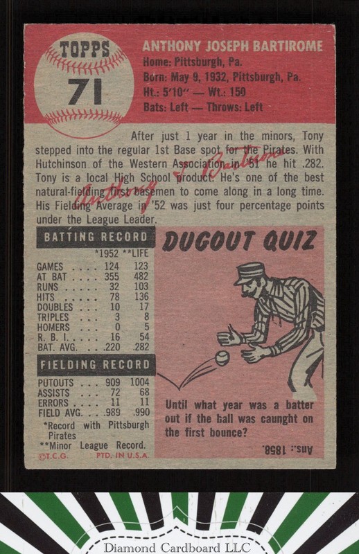 1953 Topps #71 Tony Bartirome EX+ f, back