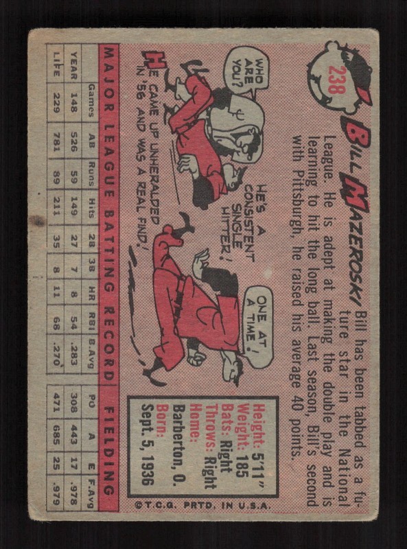 1958 Topps #238 Bill Mazeroski VG b, back