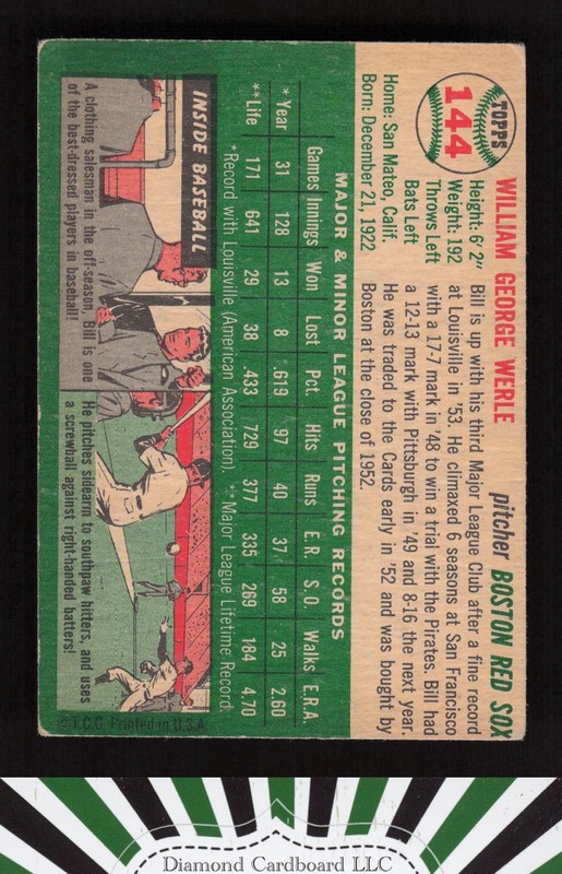 1954 Topps #144 Bill Werle VG h, back
