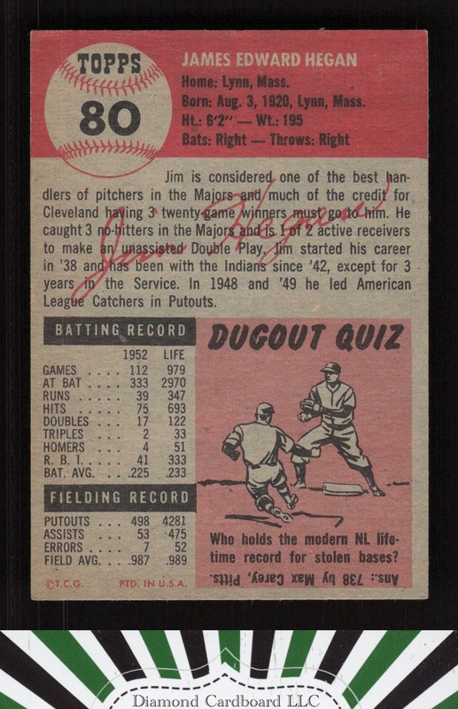 1953 Topps #80 Jim Hegan EXMT g, back