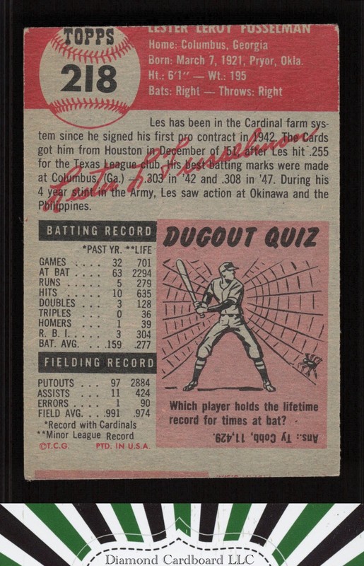 1953 Topps #218 Les Fusselman GD (MC) c, back