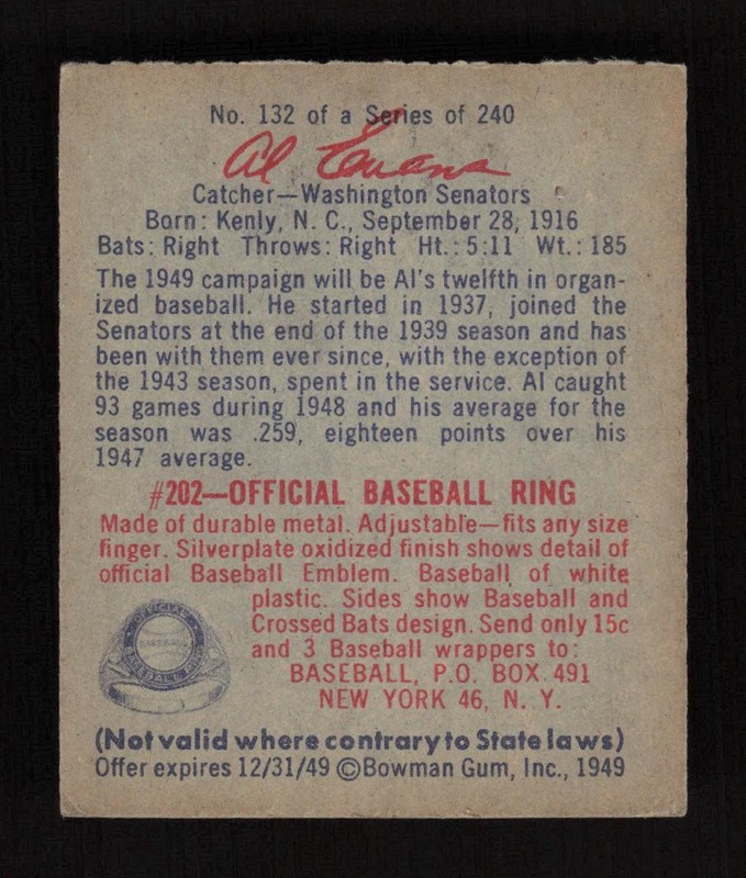 1949 Bowman #132 Al Evans Script Name VGEX+, back
