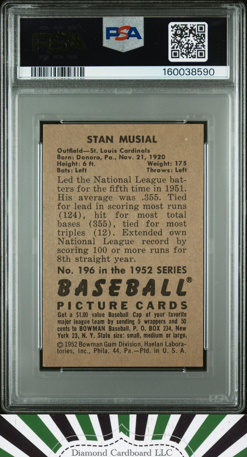 1952 Bowman #196 Stan Musial PSA 4 [BEAUTIFUL CARD], back