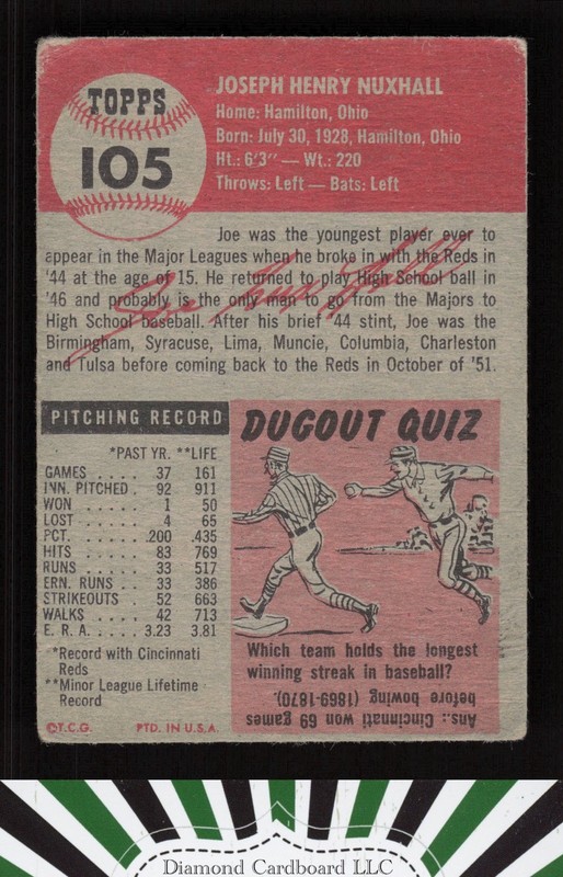 1953 Topps #105 Joe Nuxhall : Bio uses white text FR b, back