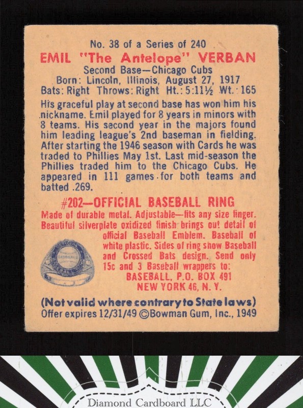 1949 Bowman #38 Emil "The Antelope" Verban GD+ b, back