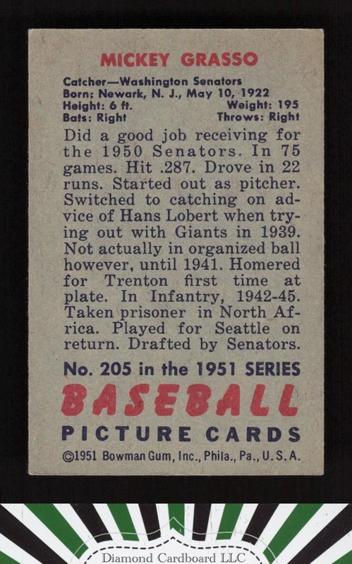 1951 Bowman #205 Mickey Grasso VGEX+, back