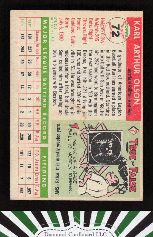 1955 Topps #72 Karl Olson VG f, back