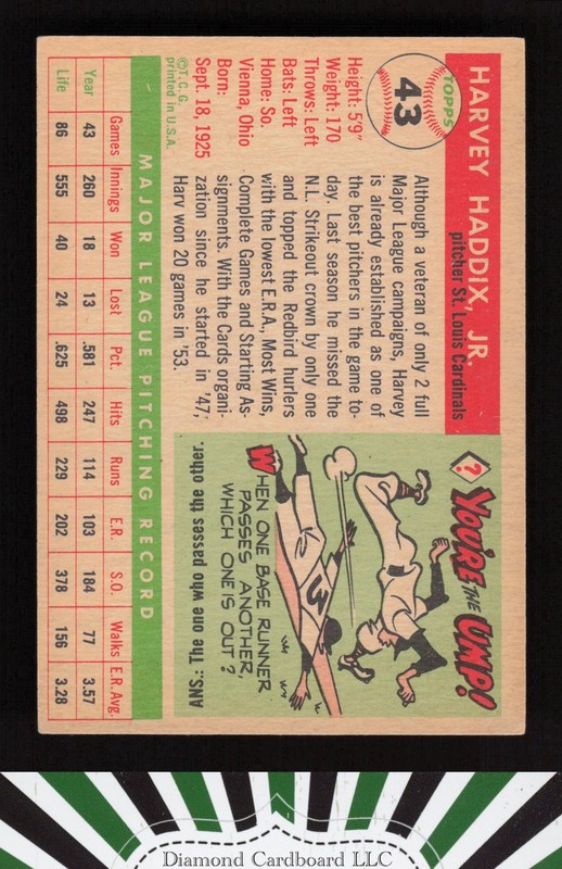 1955 Topps #43 Harvey Haddix VGEX e, back