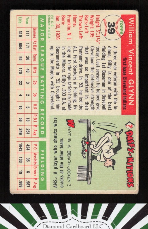 1955 Topps #39 Bill Glynn VG q, back
