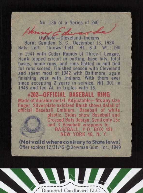1949 Bowman #136 Henry "Hank" Edwards VG [NICELY CENTERED] a, back