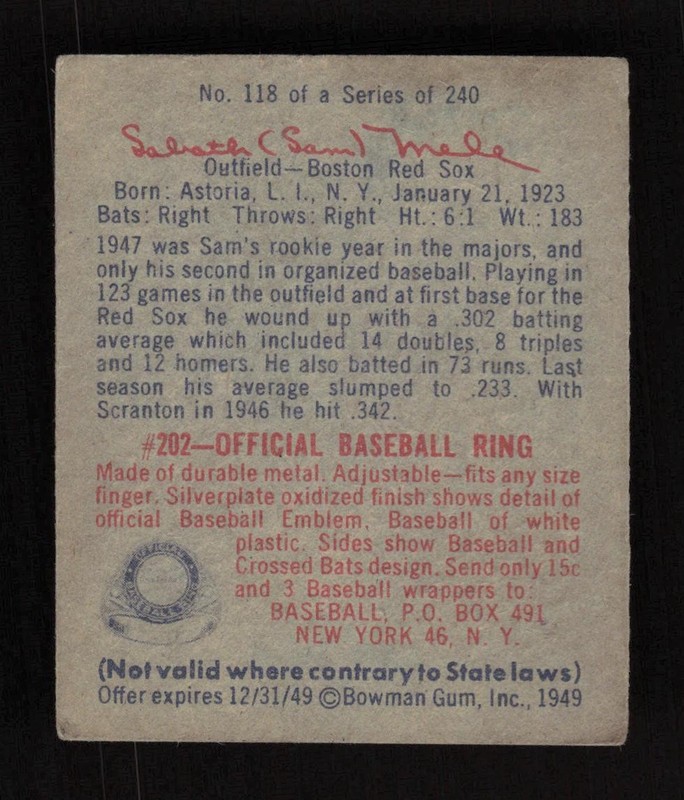 1949 Bowman #118 Sam Mele VGEX, back