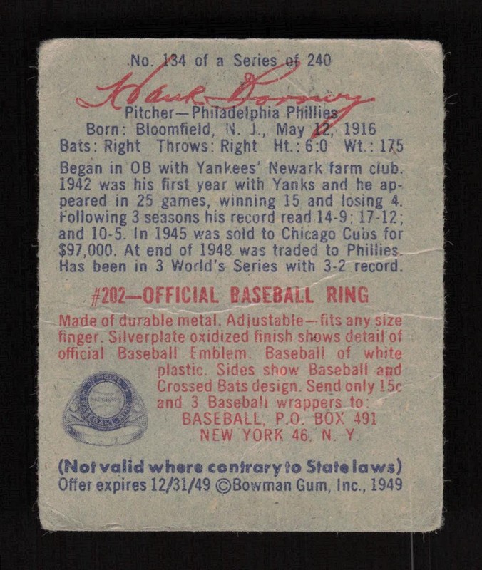 1949 Bowman #134 Hank Borowy GD, back