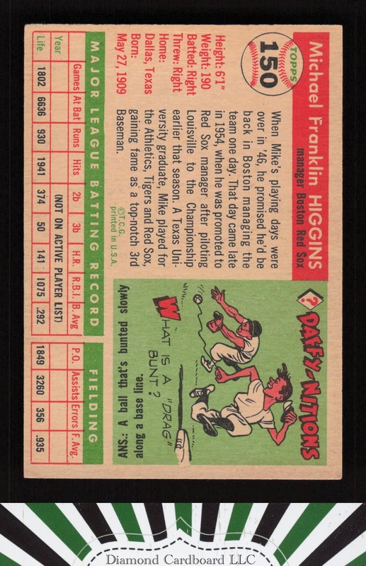 1955 Topps #150 Mike Higgins VG b, back