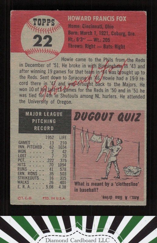 1953 Topps #22 Howie Fox VGEX a, back