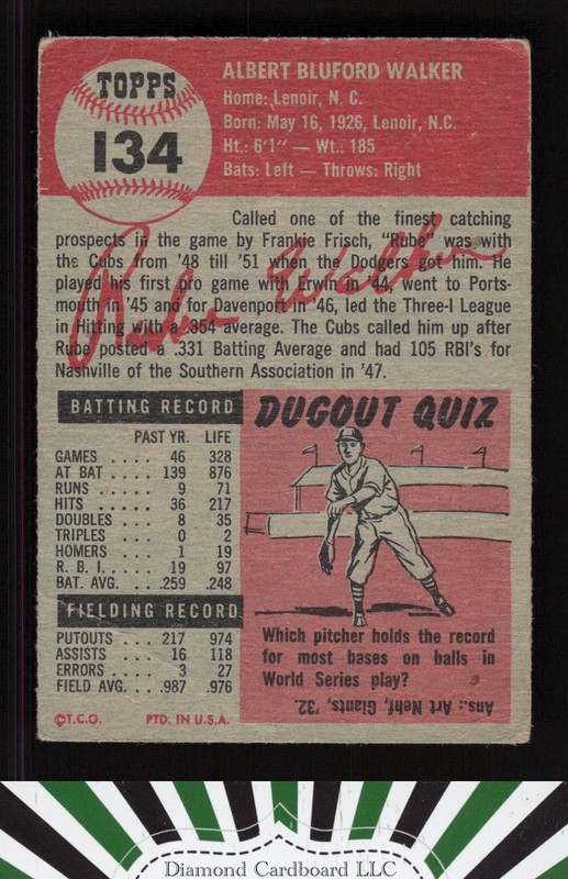 1953 Topps #134 Rube Walker : Bio uses white text FR b, back