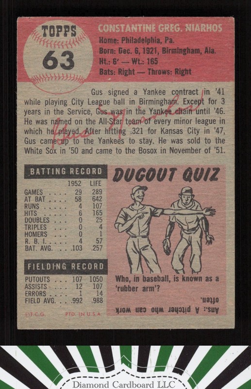 1953 Topps #63 Gus Niarhos VGEX c, back