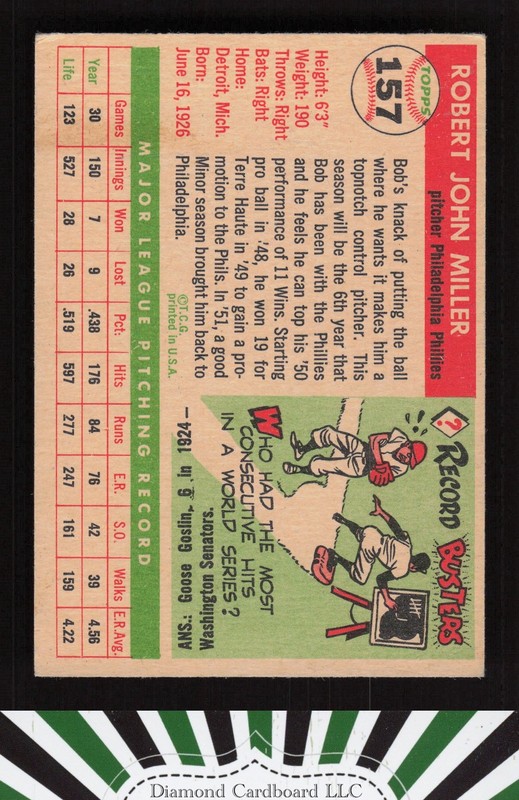 1955 Topps #157 Bob Miller VGEX g, back