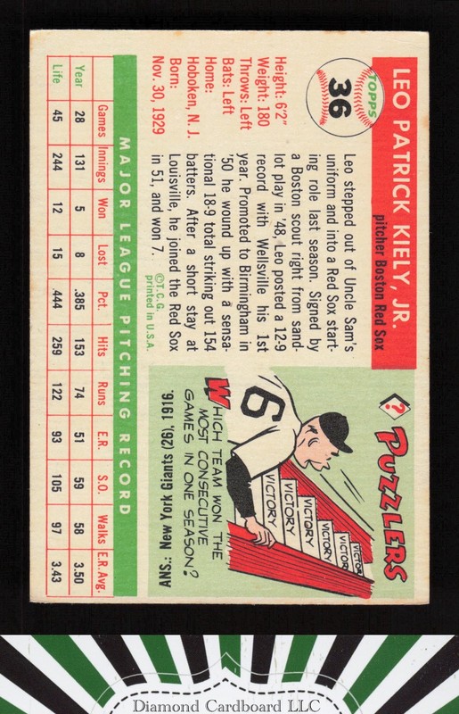 1955 Topps #36 Leo Kiely VGEX e, back