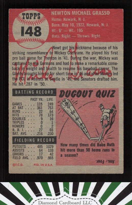 1953 Topps #148 Mickey Grasso : Bio uses white text VGEX (MC) b, back
