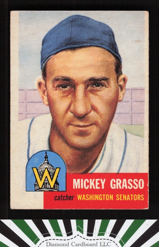 1953 Topps #148 Mickey Grasso : Bio uses white text VGEX (MC) b, front