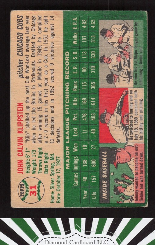 1954 Topps #31 Johnny Klippstein VG (ST) j, back