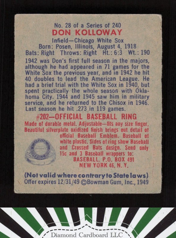 1949 Bowman #28 Don Kolloway FR a, back