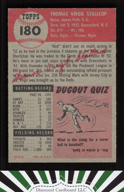 1953 Topps #180 Virgil Stallcup VGEX+ g, back