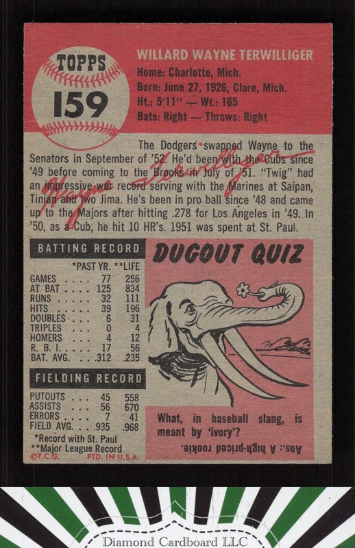 1953 Topps #159 Wayne Terwilliger : Bio uses black text FR b, back