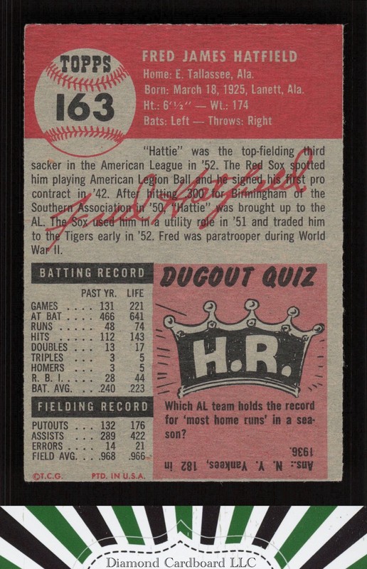1953 Topps #163 Fred Hatfield : Bio uses white text VG g, back