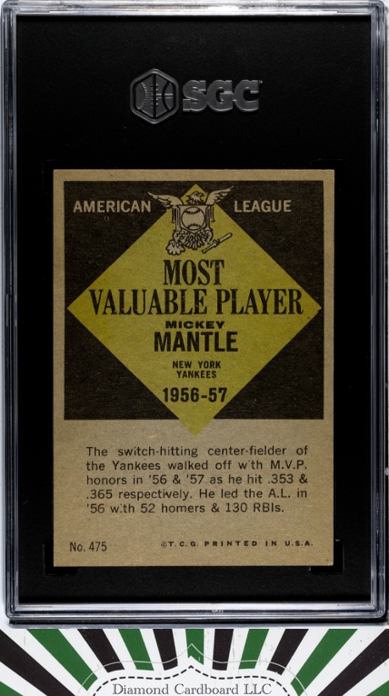 1961 Topps #475 Mickey Mantle MVP SGC 6, back