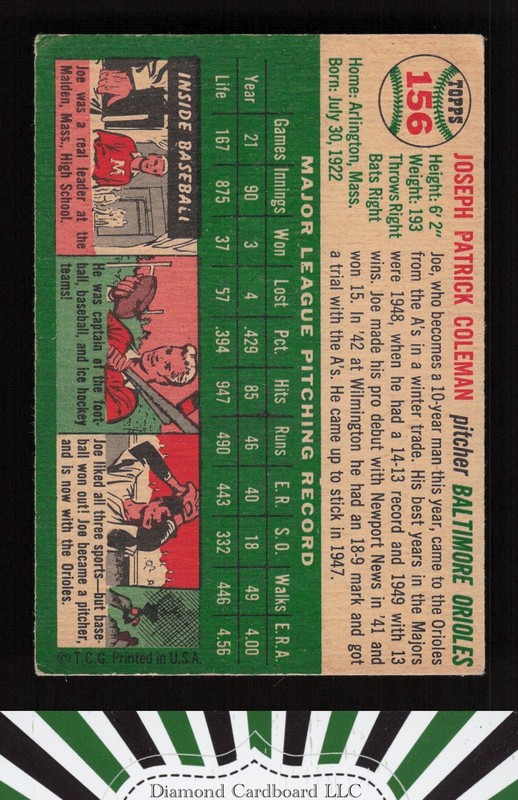 1954 Topps #156 Joe Coleman VG b, back