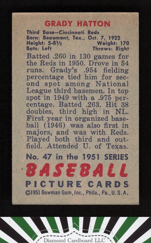 1951 Bowman #47 Grady Hatton EX, back