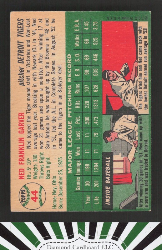 1954 Topps #44 Ned Garver VGEX h, back