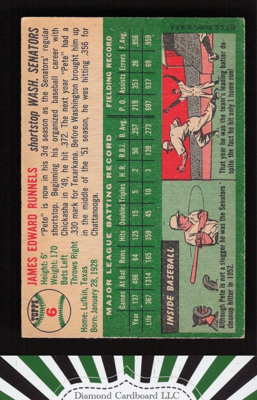 1954 Topps #6 Pete Runnels VGEX k, back