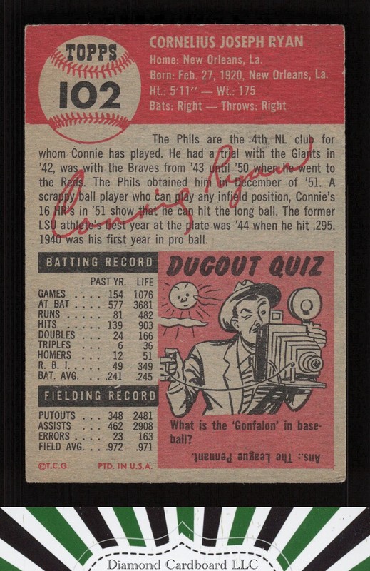 1953 Topps #102 Connie Ryan : Bio uses white text VG+ c, back