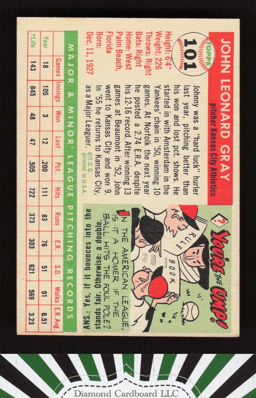 1955 Topps #101 Johnny Gray VGEX p, back