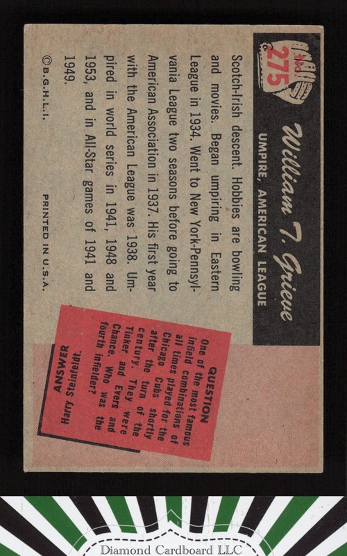 1955 Bowman #275 William T. Grieve VGEX, back