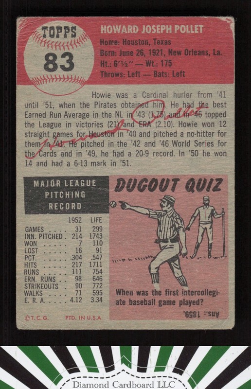 1953 Topps #83 Howie Pollet FR c, back