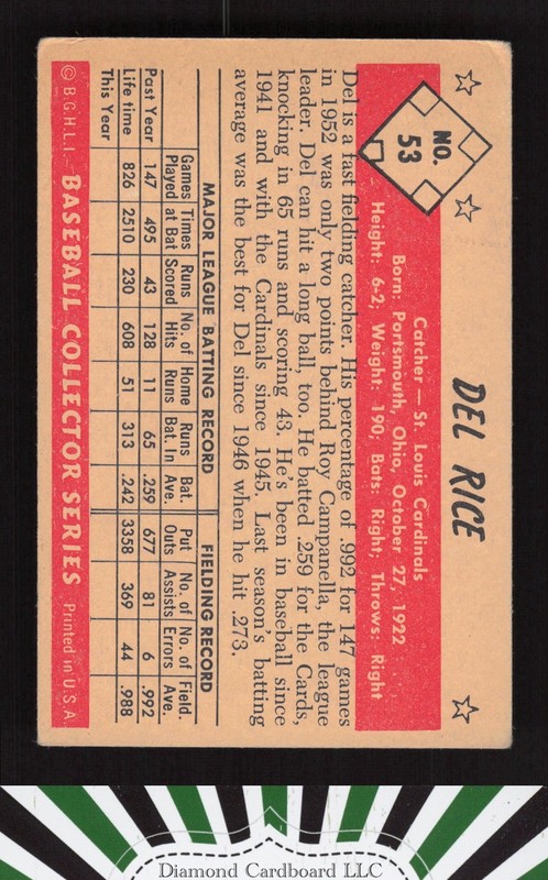 1953 Bowman Color #53 Del Rice VG a, back