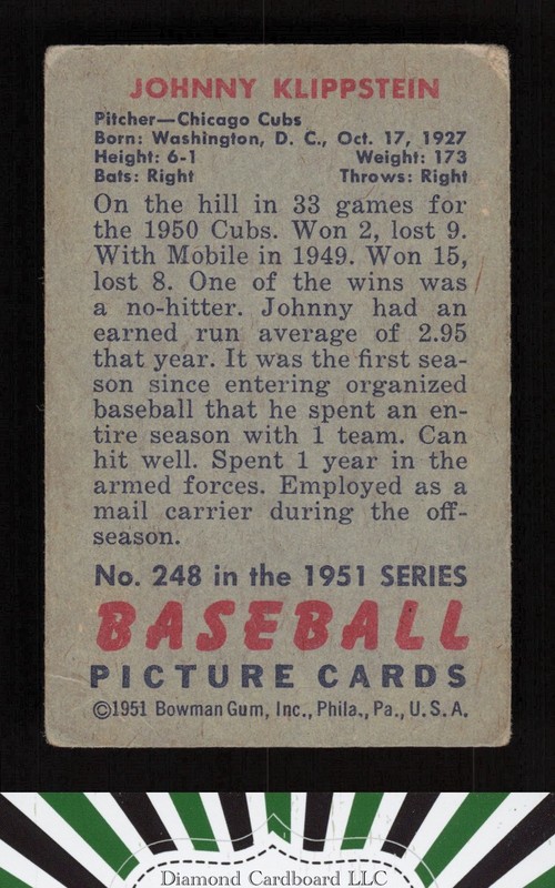 1951 Bowman #248 Johnny Klippstein GD+, back
