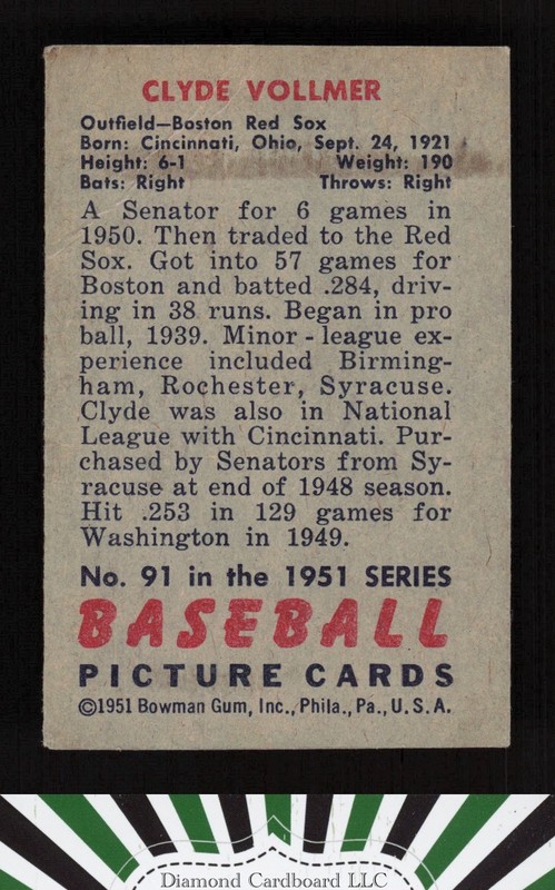1951 Bowman #91 Clyde Vollmer VG, back
